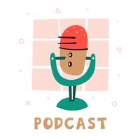 podcast. pequeno microfone vermelho bonito com um carrinho verde vetor