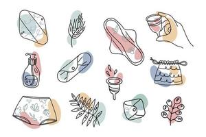 conjunto de cuidados do período de desperdício zero. coleção de produtos de higiene feminina ecologicamente corretos. ilustração em vetor doodle desenhado à mão