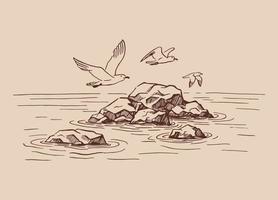 paisagem, mar, rochas, gaivotas. ilustração desenhada à mão vetor