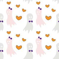 padrão de halloween sem costura com dois fantasmas apaixonados e formas de coração laranja. isolar. feliz Dia das Bruxas vetor