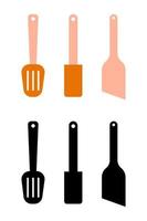 conjunto de ícones de utensílio de cozinha isolado no fundo branco. cozinhar o calor da espátula. coleção de silhueta plana de pá de panelas chef. vetor