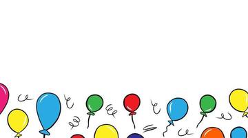 padrão de moldura de borda dos desenhos animados com doodle mão desenhada balões isolados no fundo branco. design de celebração de festa de aniversário de vetor de contorno simples para crianças. modelo de cartão de saudação.