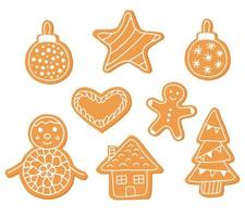 conjunto de ícones plana doodle de gengibre isolado no fundo branco. comida doce tradicional vitrificada. Decoração de Natal. vetor