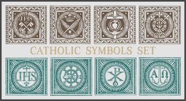 símbolos católicos vector conjunto de 8, gravura vintage. simbolismo católico