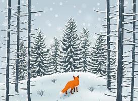 feliz inverno com paisagem florestal e animal de raposa vetor