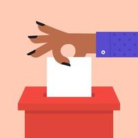 mão de desenho animado, colocando o papel de voto nas urnas