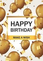 cartão vertical de feliz aniversário com balões dourados e confetes