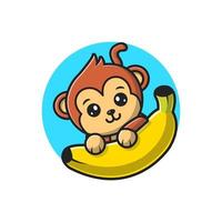 macaco bonito segurando a ilustração de ícone de vetor de desenhos animados de banana. conceito de ícone de comida animal isolado vetor premium. estilo de desenho animado plano
