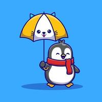 pinguim bonitinho com ilustração de ícone de vetor dos desenhos animados de guarda-chuva bonito. natureza animal ícone conceito isolado vetor premium. estilo de desenho animado plano