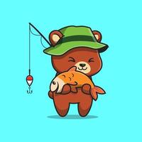 urso bonito pesca dos desenhos animados ícone ilustração vetorial. animal feriado ícone conceito isolado vetor premium. estilo de desenho animado plano