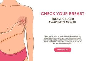 modelo de banner do mês de conscientização do câncer de mama, mulher com dor no peito. importância do autodiagnóstico. vetor