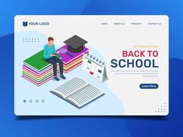 landing page de educação com homem sentado em livros vetor