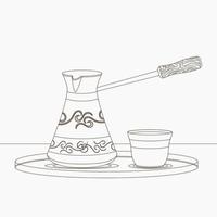 bule de café cezve turco editável e xícara fincan na bandeja de servir círculo em ilustração vetorial de estilo de contorno para café e cultura turca otomana e design relacionado à tradição vetor