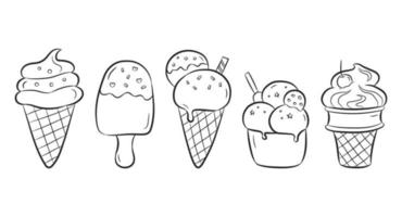 conjunto de sorvete isolado no fundo branco. coleção de casquinha de waffle de sorvete, picolé e sorvete em um copo no estilo doodle. ilustração vetorial vetor