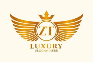 luxo royal wing letter zt crest gold color logo vector, logotipo da vitória, logotipo da crista, logotipo da asa, modelo de logotipo vetorial. vetor