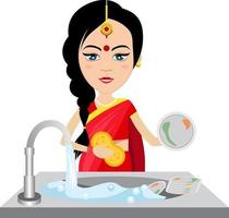 mulher indiana lavando pratos, ilustração, vetor em fundo branco.
