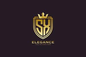logotipo de monograma de luxo elegante sx inicial ou modelo de crachá com pergaminhos e coroa real - perfeito para projetos de marca luxuosos vetor