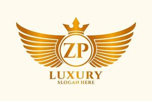 luxo royal wing letter zp crest gold color logo vector, logotipo da vitória, logotipo da crista, logotipo da asa, modelo de logotipo vetorial. vetor