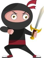 ninja com espada, ilustração, vetor em fundo branco.