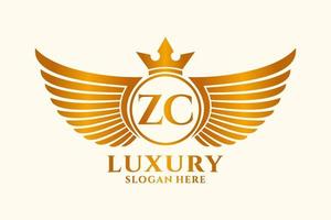 luxo royal wing letter zc crest gold color logo vector, logotipo da vitória, logotipo da crista, logotipo da asa, modelo de logotipo vetorial. vetor