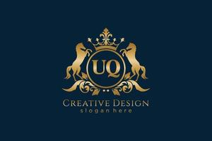 crista dourada retrô inicial uq com círculo e dois cavalos, modelo de crachá com pergaminhos e coroa real - perfeito para projetos de marca luxuosos vetor