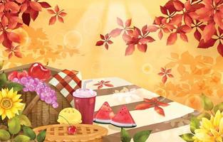 piquenique de outono com cesta de frutas e comida em aquarela vetor