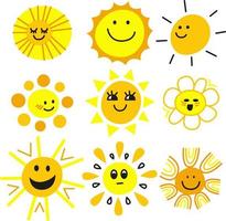 emoticons de sol. sol de verão engraçado, sol, bebê, emoji feliz da manhã. ilustração infantil. ícones vetoriais de rostos sorridentes ensolarados dos desenhos animados vetor