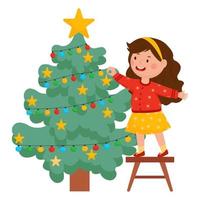 a garota decora a árvore de natal. ilustração vetorial. vetor
