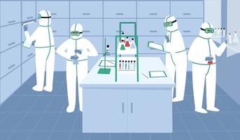 assistentes de laboratório ficam com tubos de ensaio em traje de proteção, luvas e máscara perto da área de trabalho