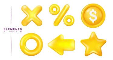 Conjunto de ícones de plástico de elemento 3d, moeda de dólar, sinal de multiplicação, estrela, seta, sinal de porcentagem, círculo, usado para publicidade de trabalho. vetor