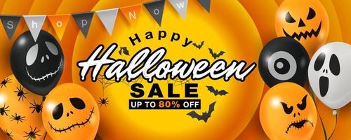modelo de banner de venda de feliz dia das bruxas com balões fofos de halloween. promoção venda especial compras on-line. vetor