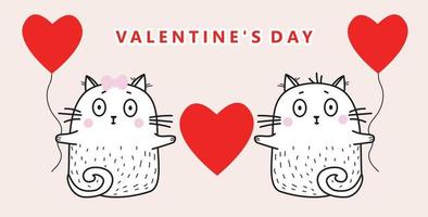 par apaixonado por gatos brancos com balões vermelhos e coração nas patas no fundo rosa. ilustração vetorial. parabéns ao dia dos namorados. para design, cartão de felicitações e decoração. vetor