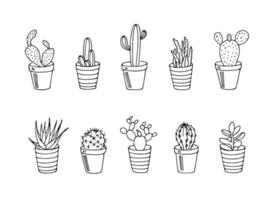 conjunto de cactos desenhados à mão nos vasos. ilustração vetorial plantas em casa preto e branco. vetor