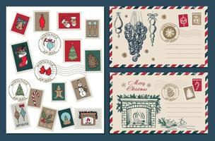 correio de natal, cartão postal, ilustração desenhada à mão. vetor