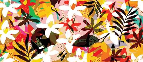 bonito jardim flores e folhas padrão colorido. arte abstrata natureza ilustração vetorial de fundo. design botânico para banner, arte de parede, cartões, estampas e tecidos vetor