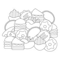 fast food com estilo doodle. arte de linha branca preta vetor