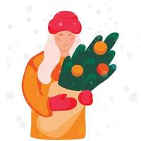 a garota está segurando galhos de árvores de natal nas mãos dela. cartão de ano novo. Neve está a cair. casaco de pele laranja, luvas. adolescente. fora no inverno. ilustração vetorial. vetor
