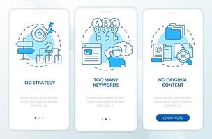erros de otimização de mecanismo de pesquisa tela azul do aplicativo móvel de integração. passo a passo 3 passos instruções editáveis com conceitos lineares. ui, ux, modelo de gui. vetor