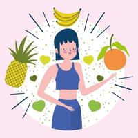 jovem mulher com frutas tropicais vetor