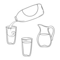 conjunto de ícones monocromáticos, garrafa de bebida de plástico, despeje leite em um copo de vidro, jarro de leite, estilo de desenho vetorial vetor