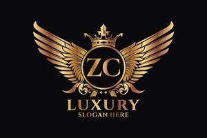 luxo royal wing letter zc crest gold color logo vector, logotipo da vitória, logotipo da crista, logotipo da asa, modelo de logotipo vetorial. vetor