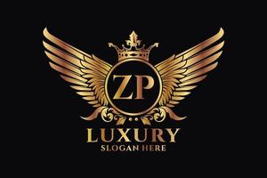 luxo royal wing letter zp crest gold color logo vector, logotipo da vitória, logotipo da crista, logotipo da asa, modelo de logotipo vetorial. vetor