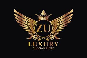 luxo royal wing letter zu crest gold color logo vector, logotipo da vitória, logotipo da crista, logotipo da asa, modelo de logotipo vetorial. vetor