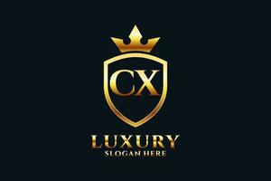 logotipo de monograma de luxo elegante inicial cx ou modelo de crachá com pergaminhos e coroa real - perfeito para projetos de marca luxuosos vetor