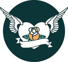 ícone de estilo de tatuagem de um coração voador com flores e banner vetor