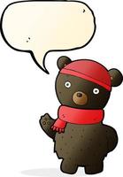 urso preto de desenho animado com chapéu de inverno e cachecol com balão vetor
