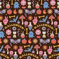 padrão colorido sem costura com cogumelos, fantasma, abóbora e poção mágica. groovy hippie halloween retro dos anos 60, fundo de estilo dos anos 70. têxtil psicodélico, tecido e papel de embrulho. ilustração vetorial. vetor