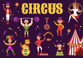modelo de circo ilustração plana de desenhos animados desenhados à mão com show de ginasta, mágico, leão animal, anfitrião, animador, palhaços e parque de diversões vetor