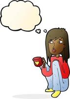 mulher de desenho animado sentada com uma xícara de café com balão de pensamento vetor