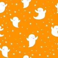 fantasmas brancos de halloween fofos em fundo colorido decorado com estrelas, padrão perfeito de férias para crianças. ilustração vetorial vetor
